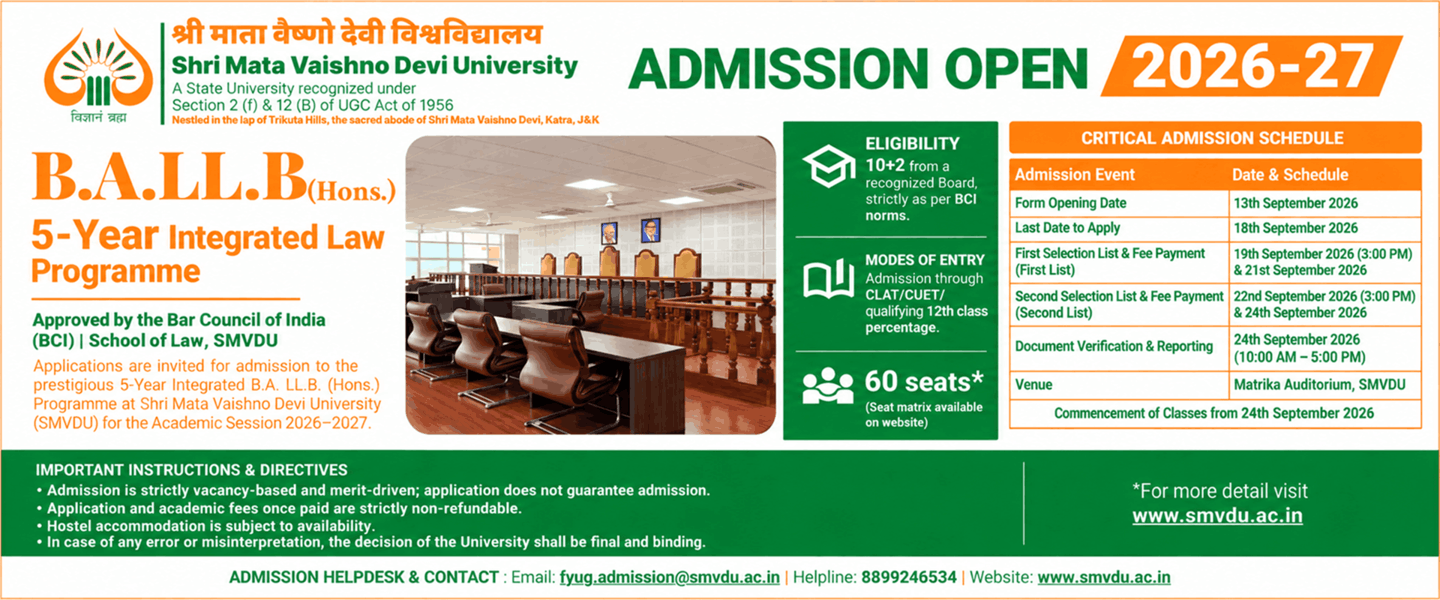 B.A. LL.B. (Hons.) five-year integrated Law programme - admissions open for 2026-27