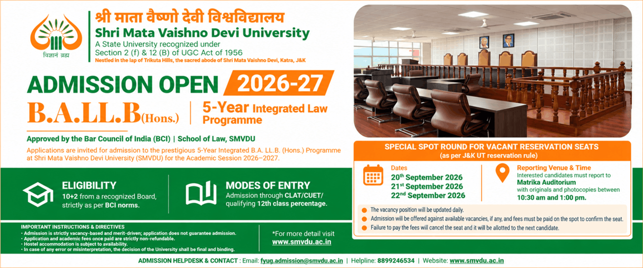 B.A. LL.B. (Hons.) Law programme - Spot Round admissions 2026-27