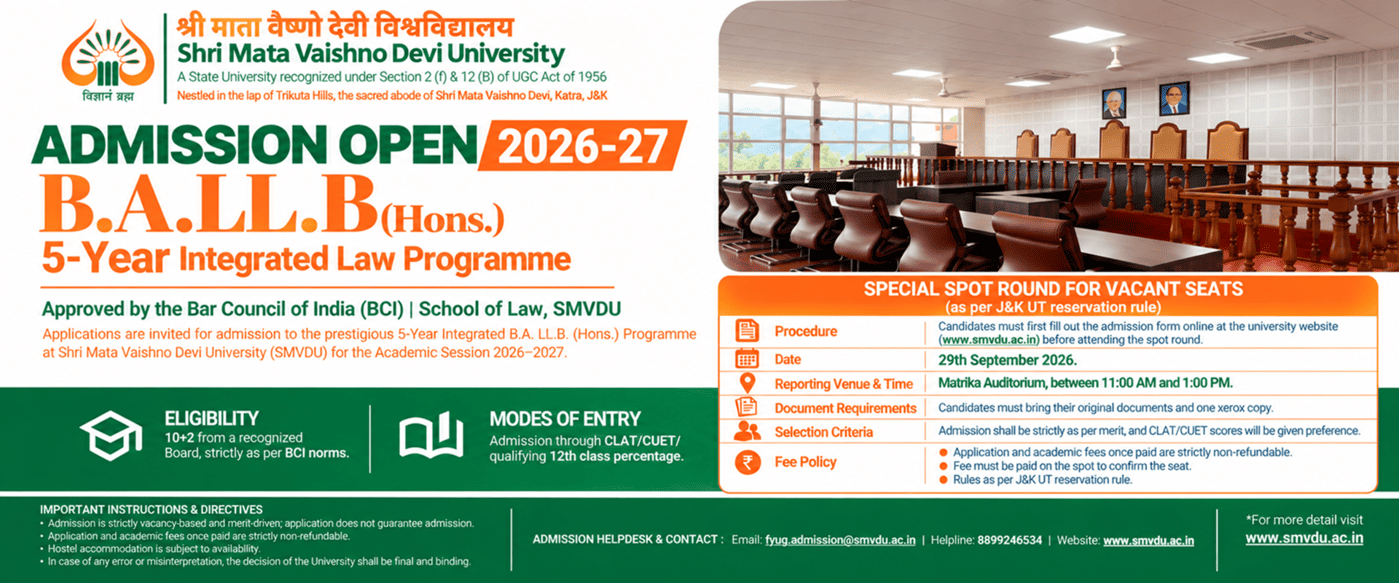 B.A. LL.B. (Hons.) Law programme - Spot Round 2 admissions 2026-27